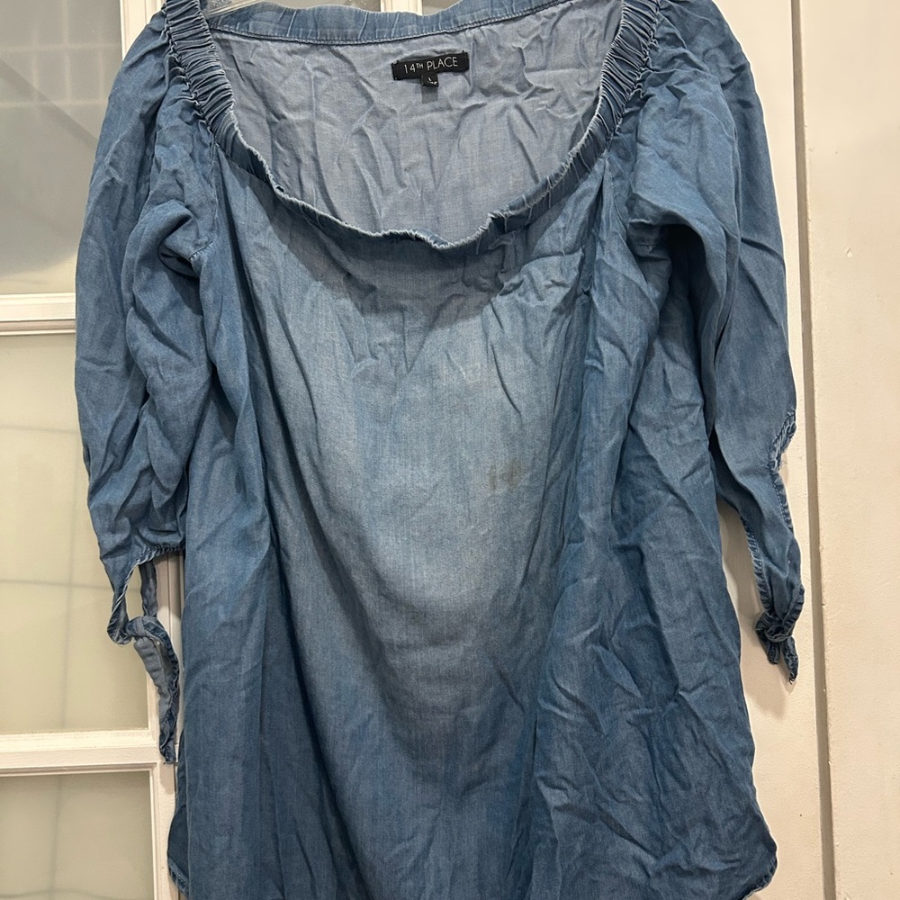 14th Place Chambray Lyocell Off The Shoulder 3/4 Sleeve Tunic Blouse Size Large